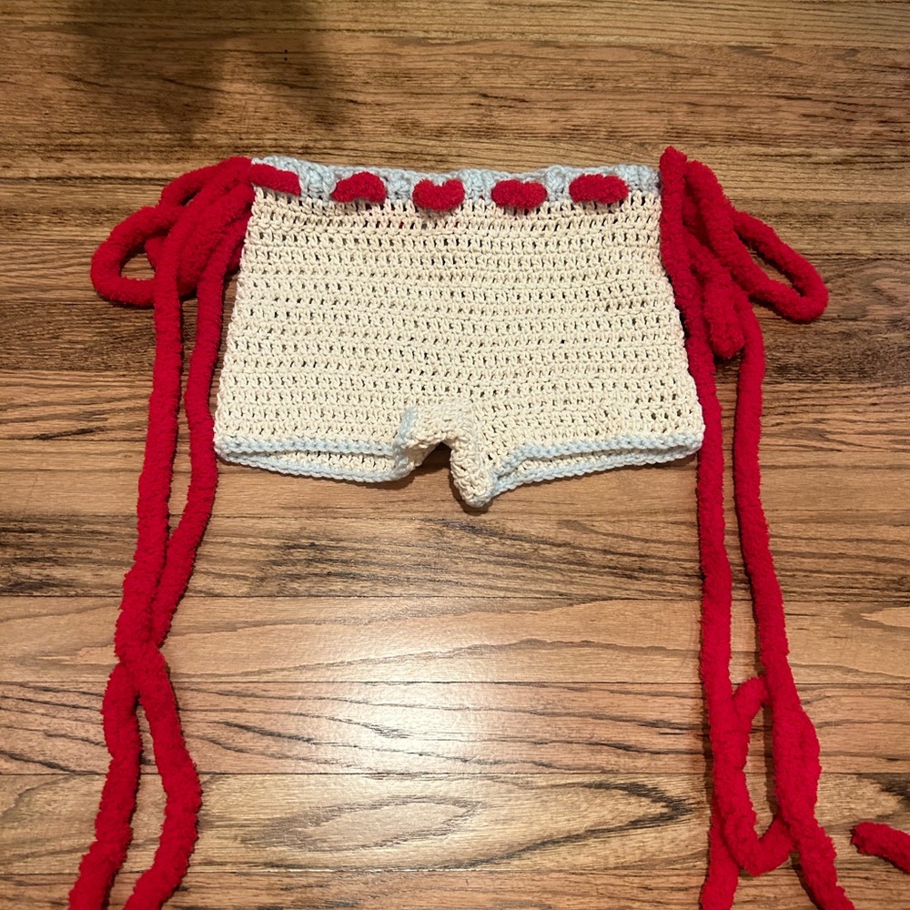 Crochet Cream Shorts with Red Accent Ties